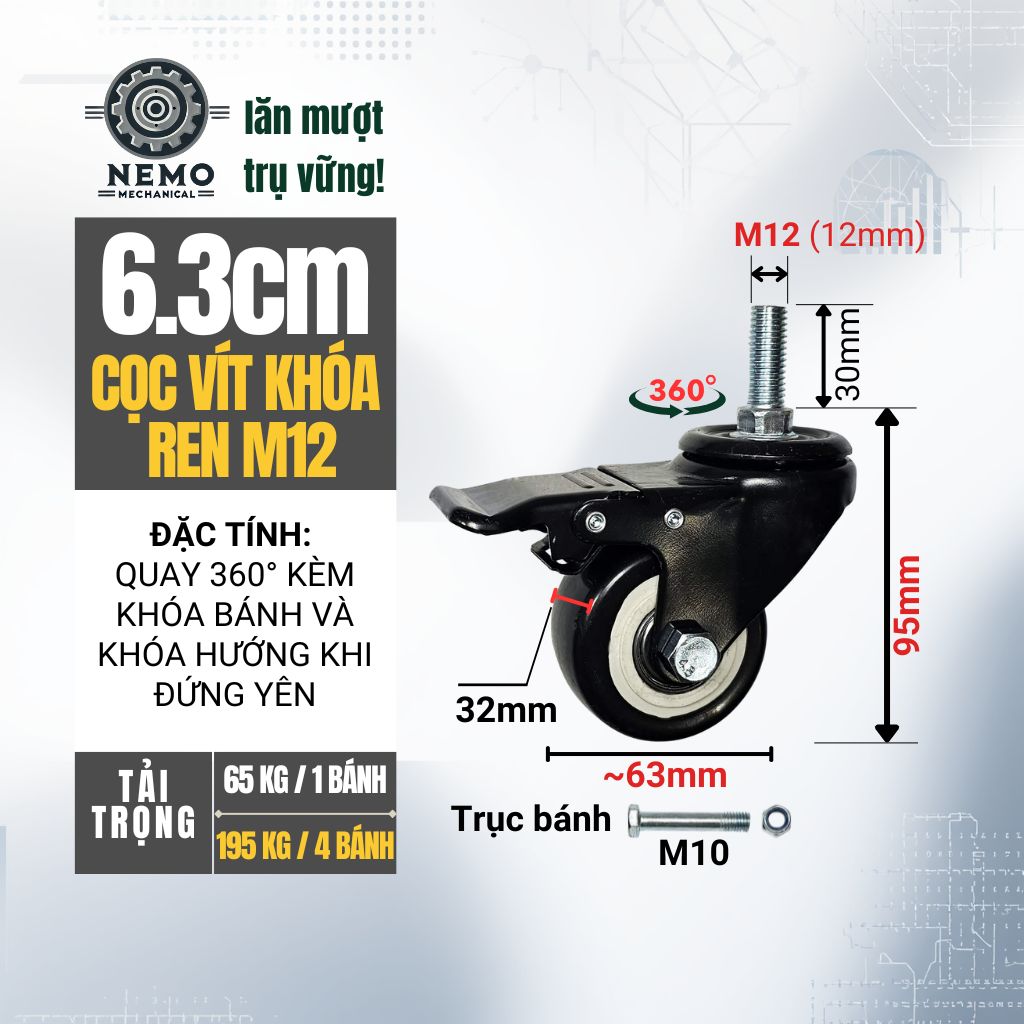 Bánh Xe Đẩy Hàng Cọc Vít Đen Trắng – Nhựa PVC, Chân Ren M8/M10/M12 (D40, D50, D63)